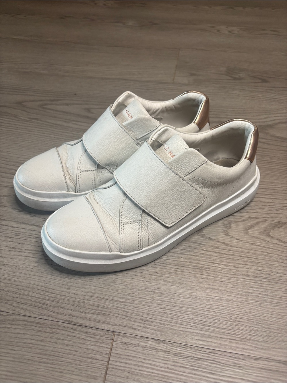 Cole Haan White Leather Slip-On Sneakers with Gold Heel Accent